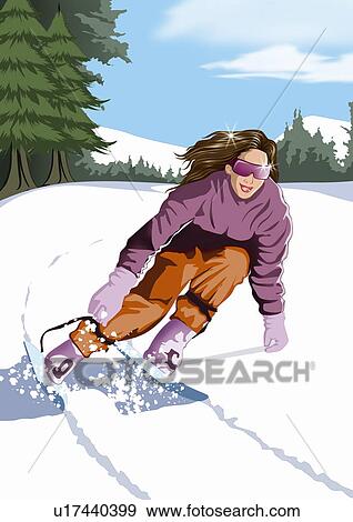 Stock Illustration - Woman rushing down hillside on her skis. Fotosearch
