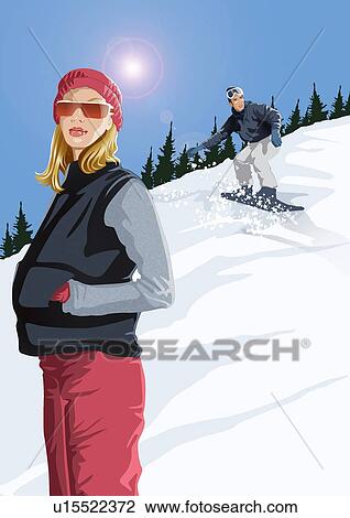 Drawing - Woman standing in the snow with man in background snowboarding. Fotosearch