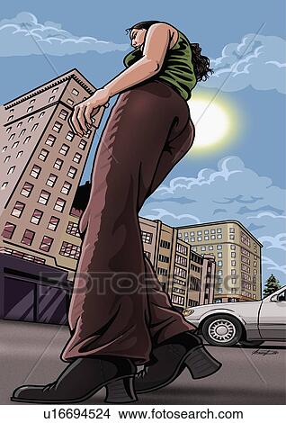 Woman walking down a city street View Large Illustration Stock Illustration - Woman walking down a city street. Fotosearch