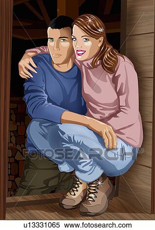 Stock Illustration - Young couple crouched in doorway with arms around each other. Fotosearch
