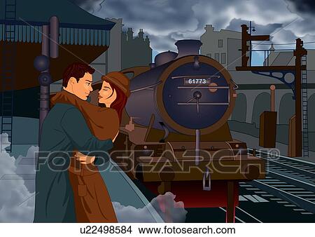 Stock Illustration - Young couple embracing at train depot just before the kiss. Fotosearch