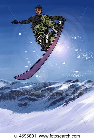 Young man jumping through the air on his snowboard View Large Illustration Clip Art - Young man jumping through the air on his snowboard. Fotosearch