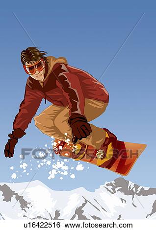 Stock Illustration - Young man on his snowboard in the air. Fotosearch