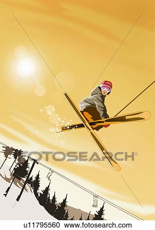 Young man ski jumping in the sunset View Large Illustration Clipart - Young man ski jumping in the sunset. Fotosearch