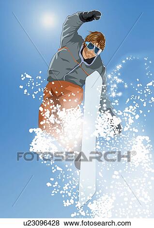 Stock Illustration - Young man ski jumping on his snowboard. Fotosearch