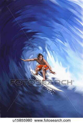 Clipart - Young man surfing a wave. Fotosearch