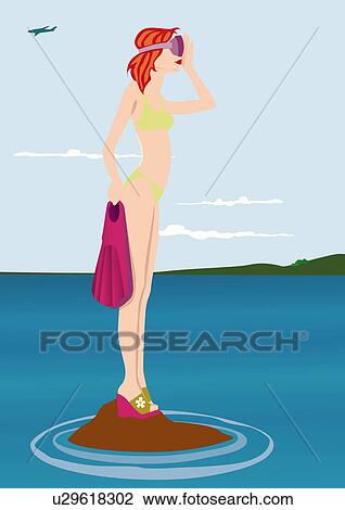Young woman standing on tiny islet with flippers and mask View Large Illustration Drawing - Young woman standing on tiny islet with flippers and mask. Fotosearch