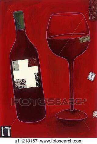 Stock Illustration - A bottle of red wine with a wineglass half full. Fotosearch