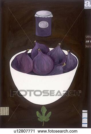 Clip Art - A bowl of figs with a jar of fig preserves. Fotosearch