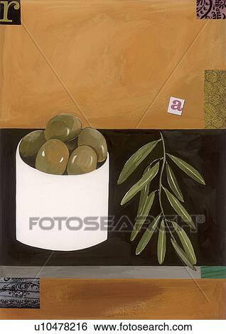 Stock Illustration - A bowl of green olives with an olive branch. Fotosearch