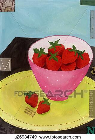 A bowl of strawberries on a placemat on a table View Large Illustration Stock Illustration - A bowl of strawberries on a placemat on a table. Fotosearch