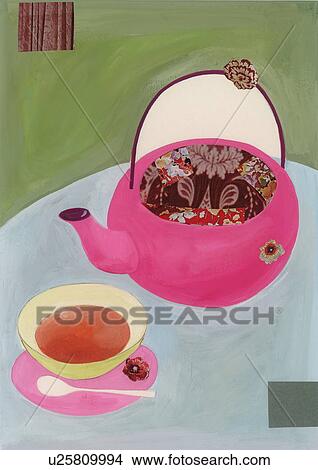 Stock Illustration - A cup of tea and teapot. Fotosearch
