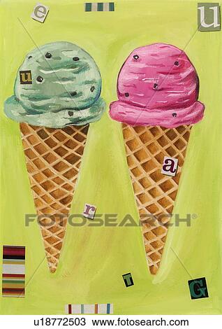 A Green And A Pink Ice Cream Cone Drawing U Fotosearch