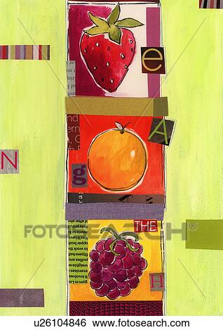 Stock Illustration - A strawberry, an orange, and a bunch of grapes. Fotosearch