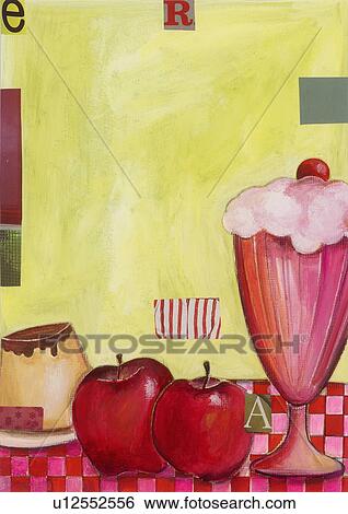 A sweet, apples, and a milkshake on a table View Large Illustration Stock Illustration - A sweet, apples, and a milkshake on a table. Fotosearch