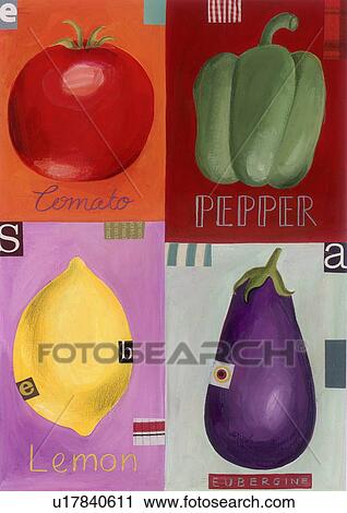 A tomato, a pepper, a lemon, and an eggplant View Large Illustration Clip Art - A tomato, a pepper, a lemon, and an eggplant. Fotosearch