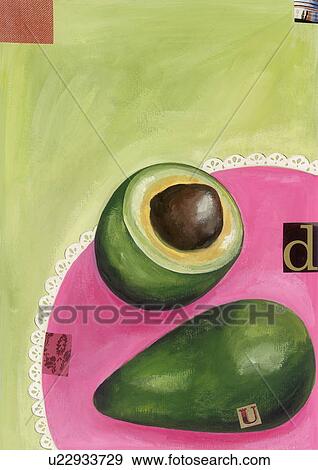 Avocado, whole and cut in half View Large Illustration Stock Illustration - Avocado, whole and cut in half. Fotosearch
