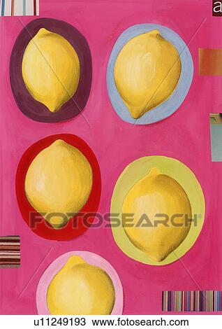 Drawing - Five lemons in colored circles. Fotosearch