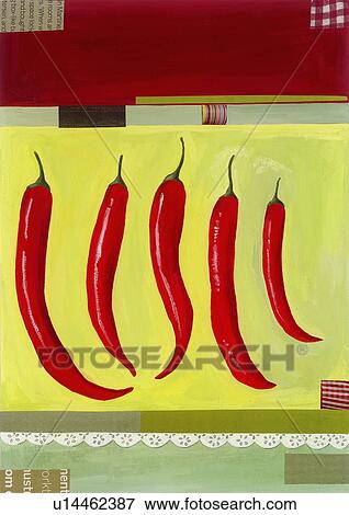 Five red hot chili peppers View Large Illustration Stock Illustration - Five red hot chili peppers. Fotosearch