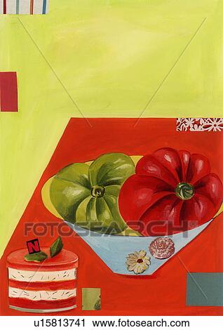 One green and one red tomato in a bowl on a table with a tart View Large Illustration Clip Art - One green and one red tomato in a bowl on a table with a tart. Fotosearch