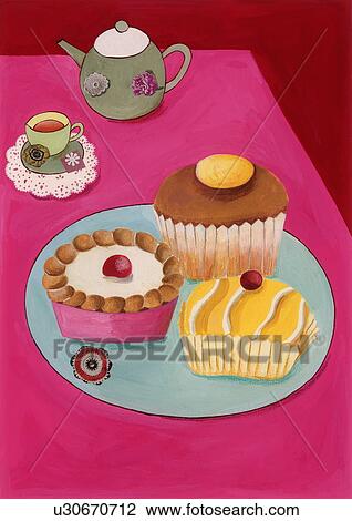 Drawing - Pastries and tea on a table. Fotosearch