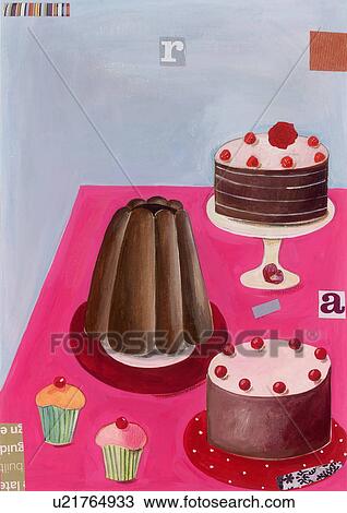 Several cakes on a table View Large Illustration Drawing - Several cakes on a table. Fotosearch