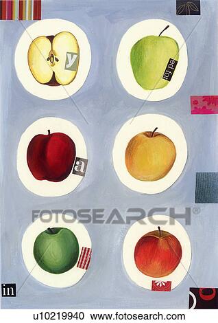 Clipart - Several types of apples in colored circles. Fotosearch
