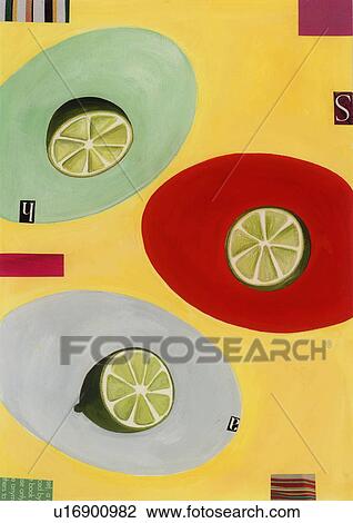 Drawing - Three cut lime halves on colored circles. Fotosearch