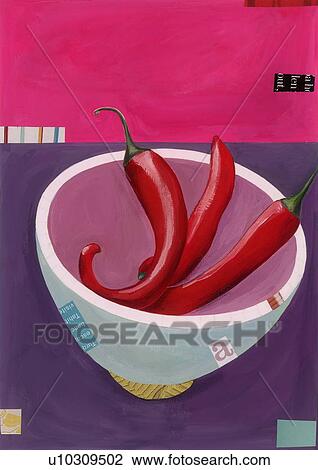 Drawing - Three hot chili peppers in a bowl. Fotosearch