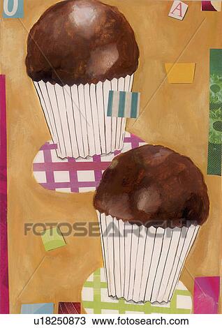 Two chocolate cupcakes View Large Illustration Drawing - Two chocolate cupcakes. Fotosearch