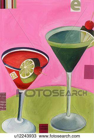Two martini cocktails View Large Illustration Drawing - Two martini cocktails. Fotosearch