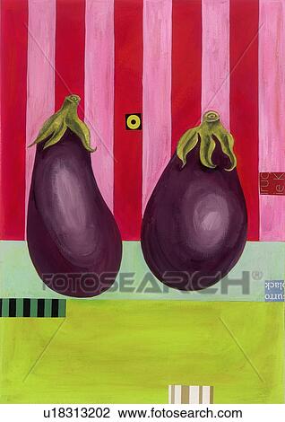 Two whole eggplants next to each other View Large Illustration Drawing - Two whole eggplants next to each other. Fotosearch