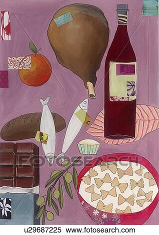 Various food and drink items to make up a meal View Large Illustration Stock Illustration - Various food and drink items to make up a meal. Fotosearch