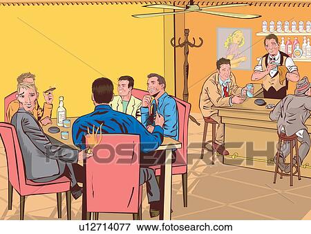 Stock Illustration - A group of men in a bar, one man lighting a fire behind another's back. Fotosearch