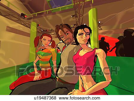 Stock Illustration - A man with two women in a nightclub. Fotosearch