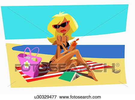 Blonde on beach towel applying suntan lotion View Large Illustration Stock Illustration - Blonde on beach towel applying suntan lotion. Fotosearch