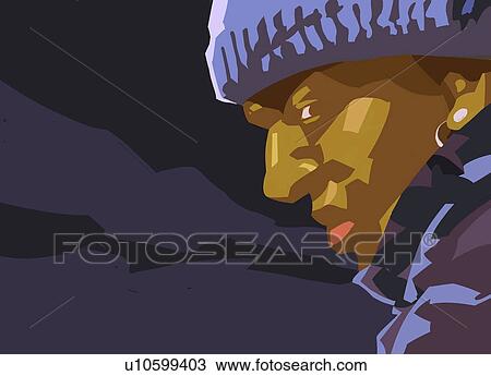 Closeup of black man in the night wearing a cap View Large Illustration Drawing - Closeup of black man in the night wearing a cap. Fotosearch