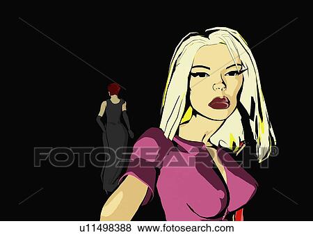 Stock Illustration - Closeup of woman with back of another woman in background. Fotosearch