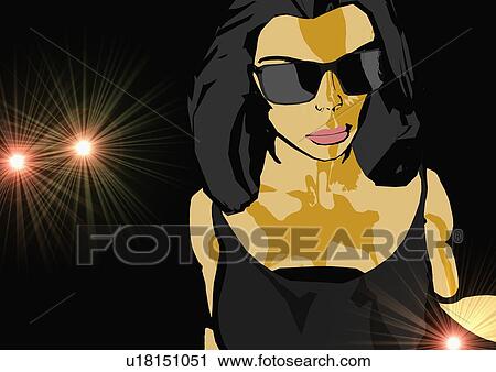 Clip Art - Closeup of young woman in the night wearing sunglasses. Fotosearch