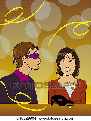 Stock Illustration - Couple at masquerade party. Fotosearch