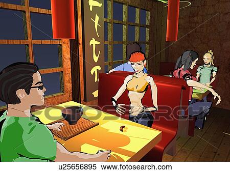 Couple eating in a Japanese restaurant View Large Illustration Stock Illustration - Couple eating in a Japanese restaurant. Fotosearch