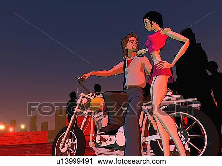 Clip Art - Couple hanging out by motorcycle. Fotosearch