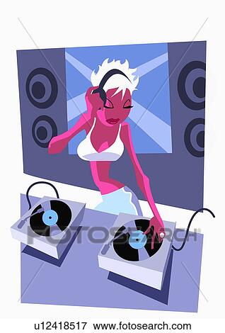 Stock Illustration - DJ woman mixing records. Fotosearch