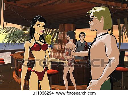 Stock Illustration - Man and woman toasting each other at a beach bar. Fotosearch