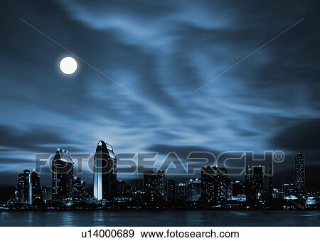 Stock Illustration - Night skyline of futuristic city with full moon. Fotosearch