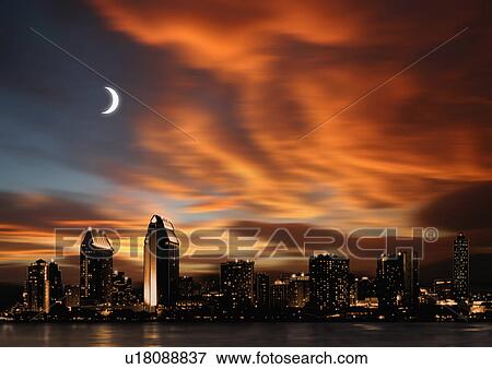 Night skyline of futuristic city with red clouds and new moon View Large Illustration Stock Illustration - Night skyline of futuristic city with red clouds and new moon. Fotosearch