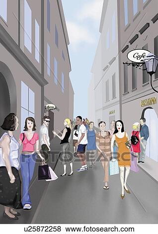 Stock Illustration - People on a shopping street. Fotosearch