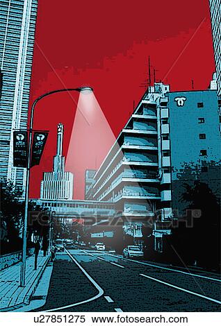 Streetlight shining on empty city street View Large Illustration Stock Illustration - Streetlight shining on empty city street. Fotosearch