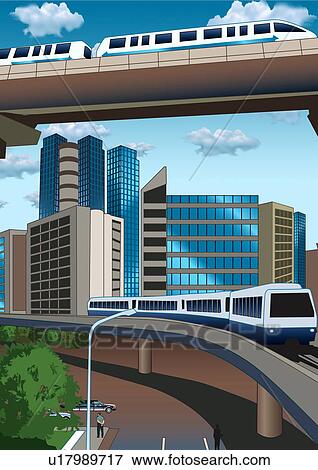 Stock Illustration - Trains on overpasses in urban landscape. Fotosearch