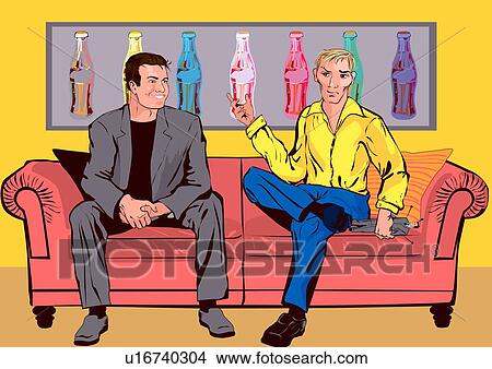 Stock Illustration - Two men talking on a couch, one with a lookalike doll of the other with needles stuck in it. Fotosearch